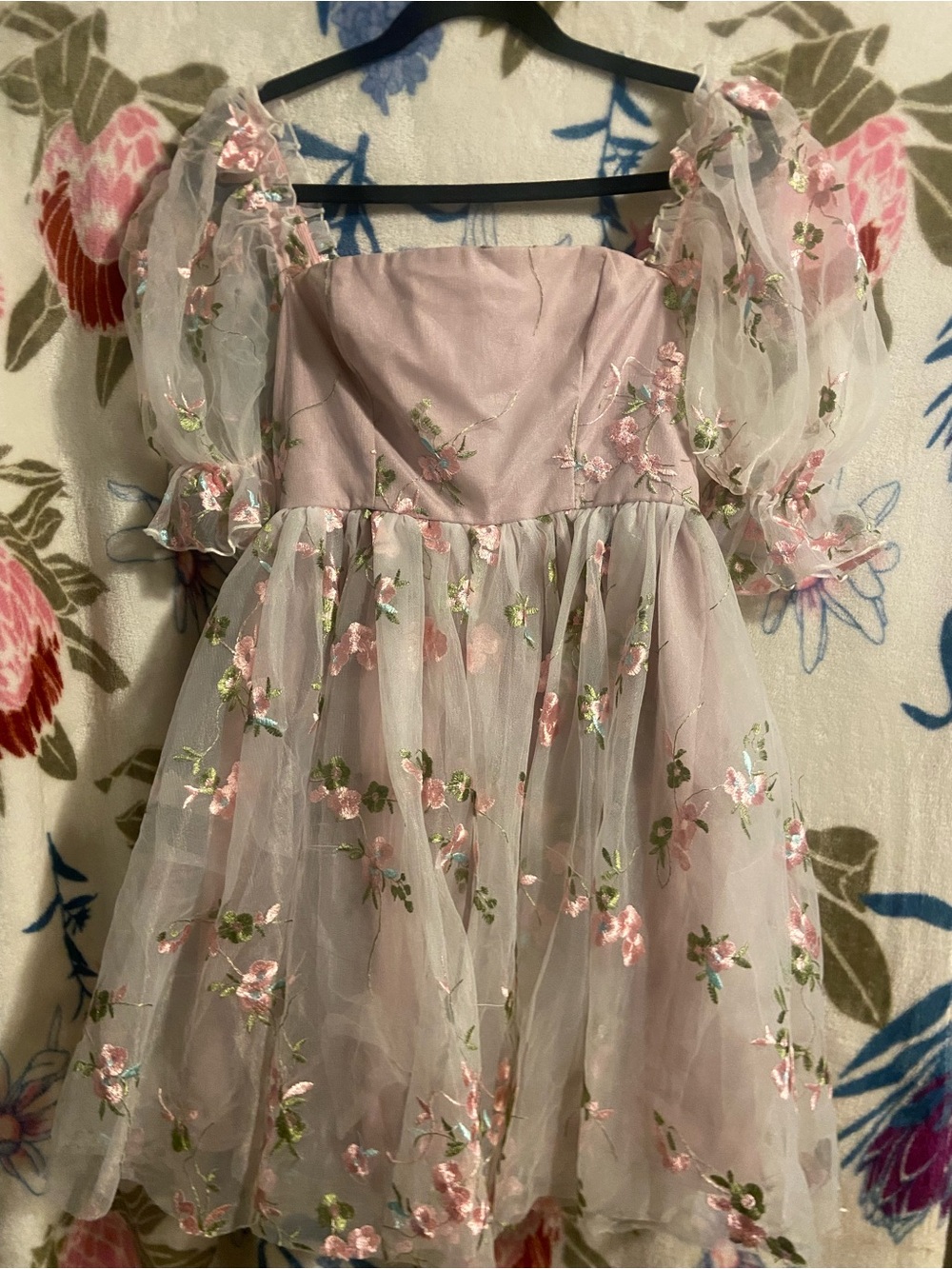 Pink Floral Embroidered Tulle Party Dress